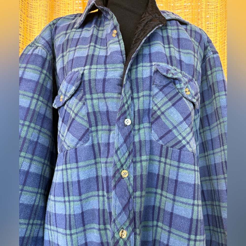 Vintage Northwest Territory Blue and Green Lined Quilted Flannel Shirt Jacket L